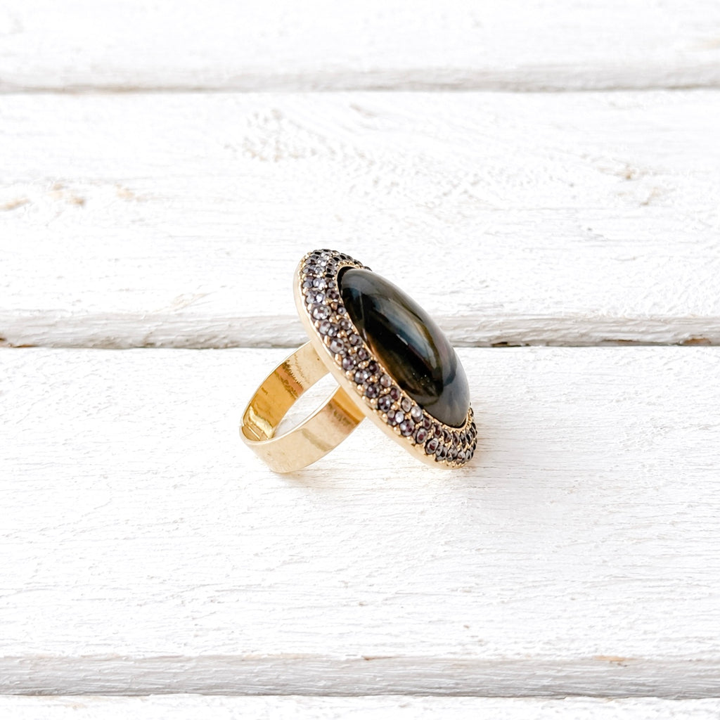 Anillo strass y resina gris