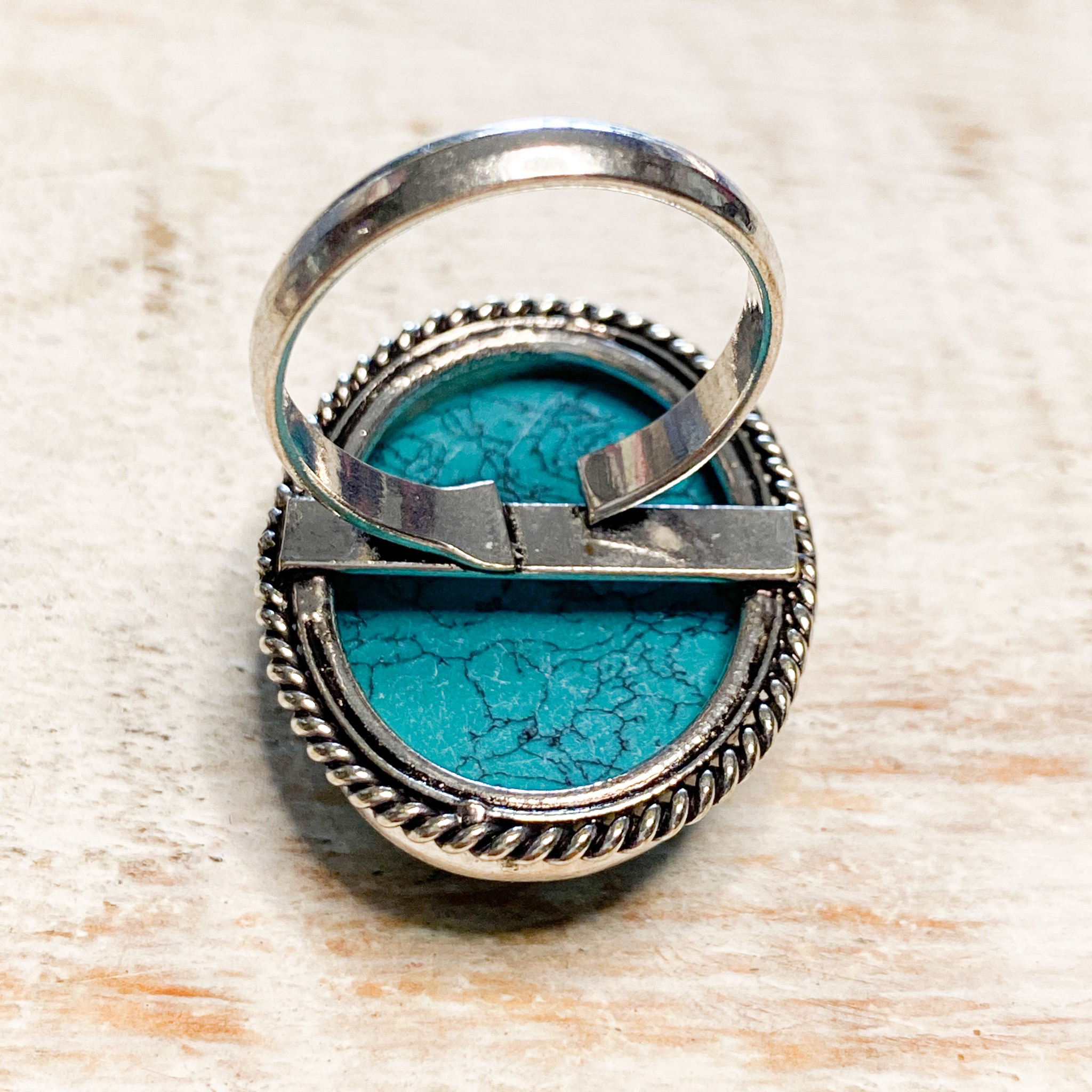 Anillo latón plateado espiral turquesa