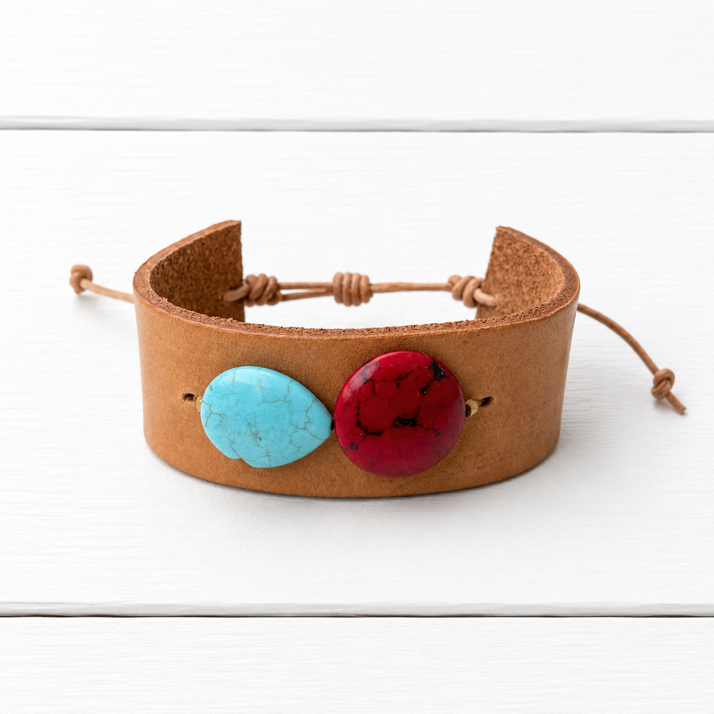 Pulsera cuero ancha roja/turquesa