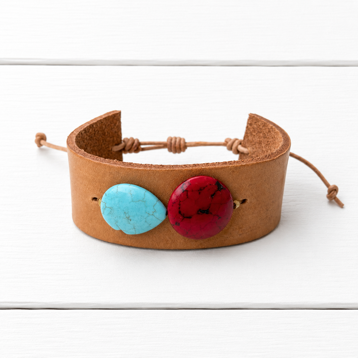 Pulsera cuero ancha roja/turquesa