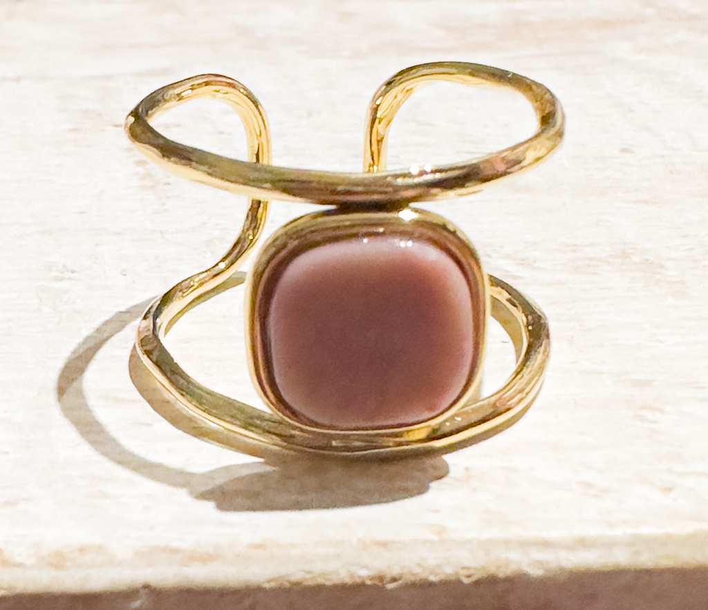 Anillo acero dorado doble rodocrosita cuadrada