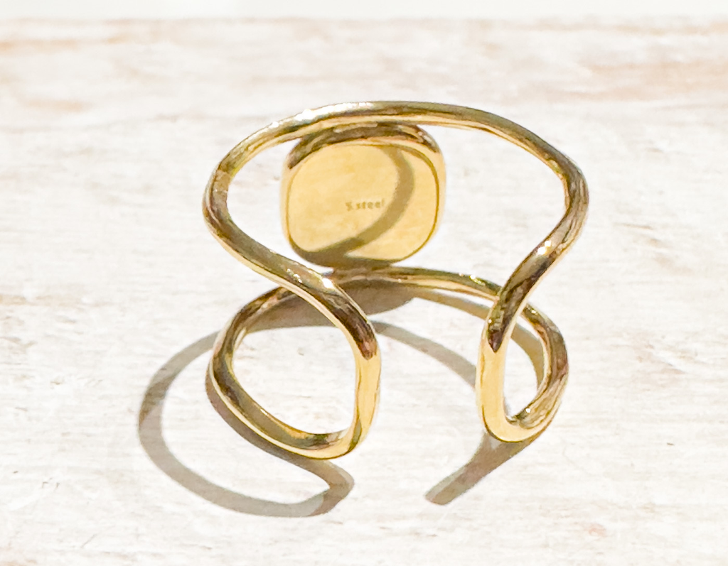 Anillo acero dorado doble rodocrosita cuadrada