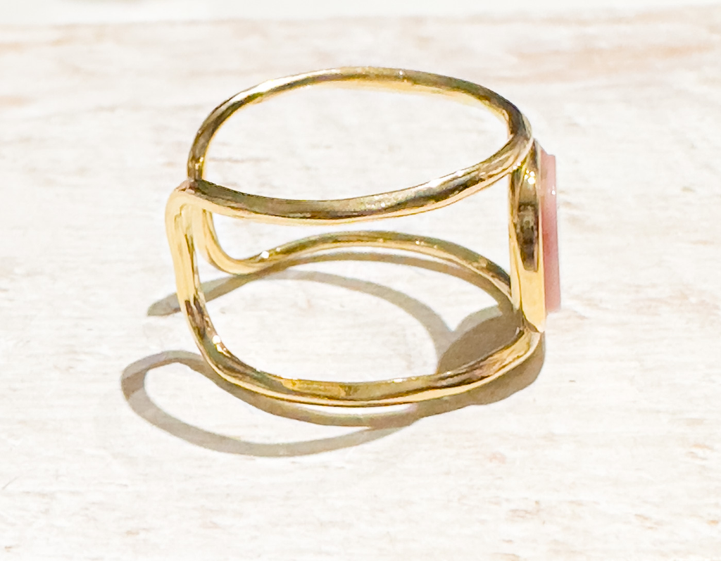 Anillo acero dorado doble rodocrosita cuadrada