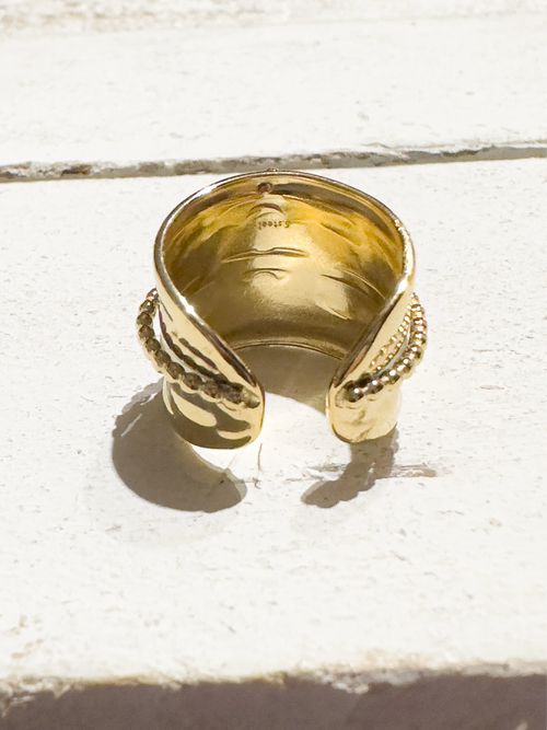 Anillo acero dorado cuarzo rosa doble