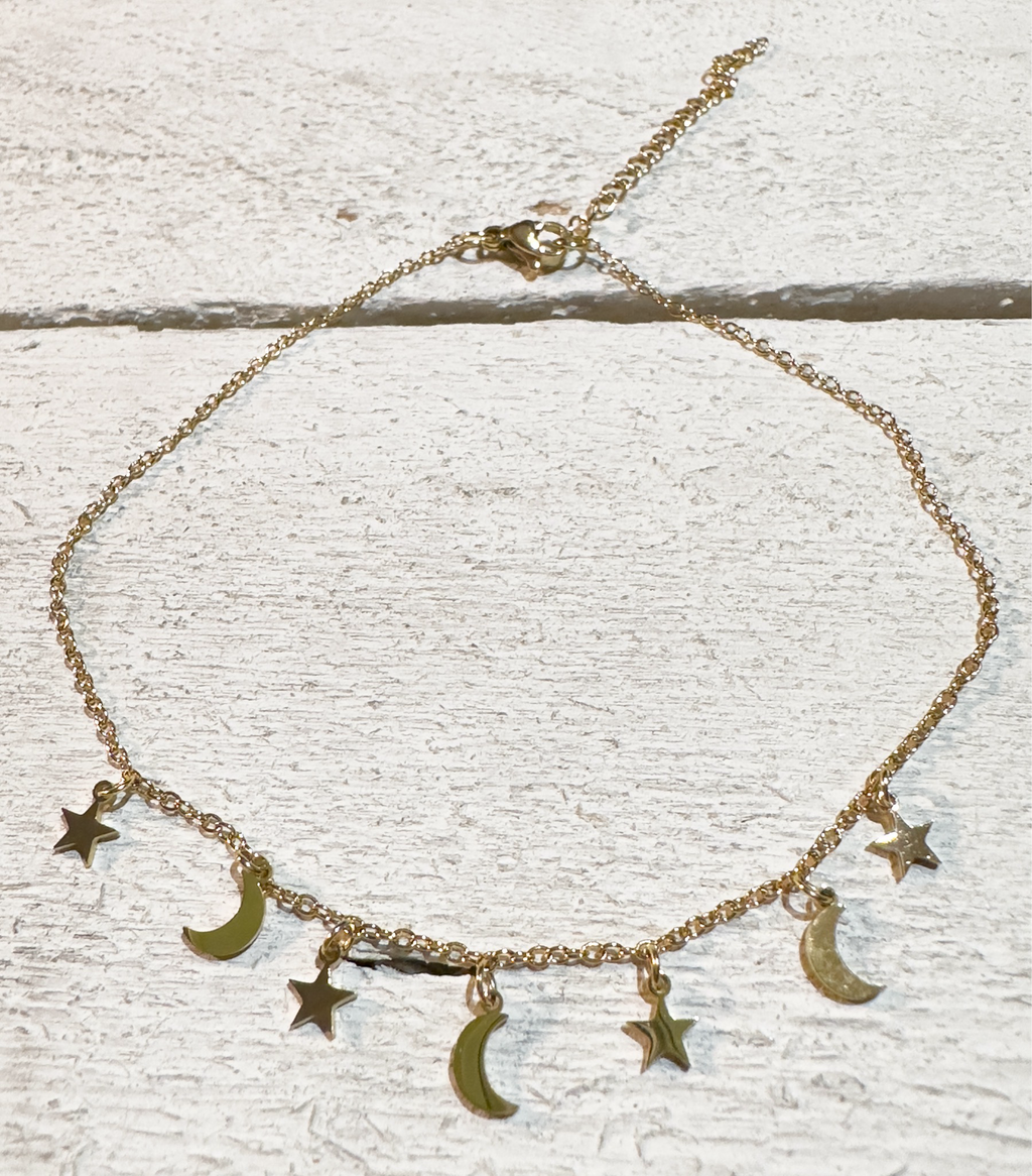 Tobillera acero dorado lunas y estrellas