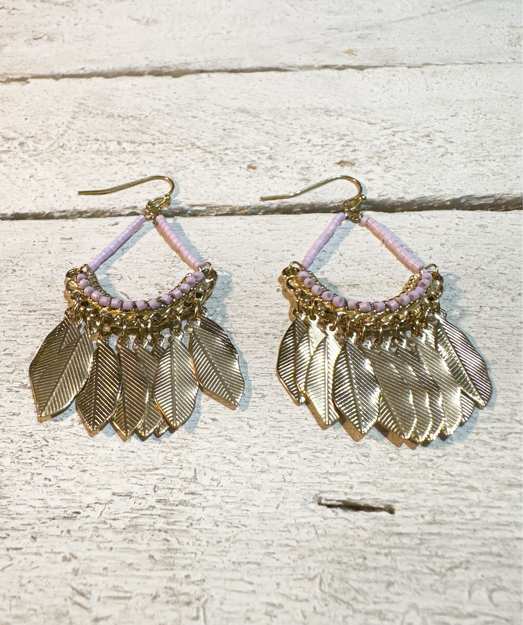 Pendientes lila hojas acero inoxidable dorado