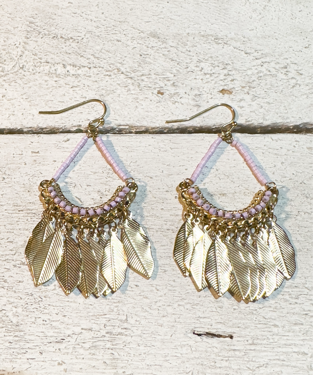 Pendientes lila hojas acero inoxidable dorado