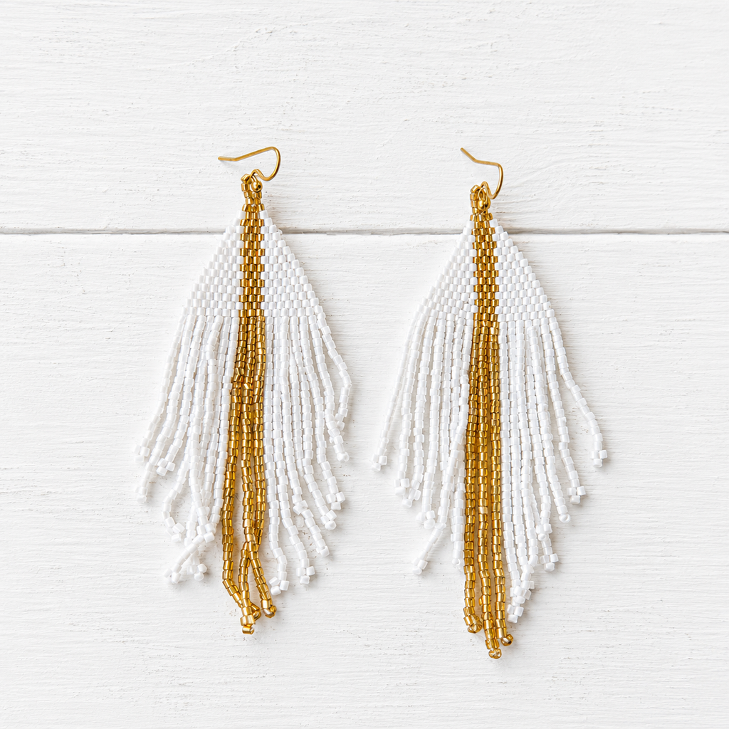 Pendientes miyuki blancos tiras doradas