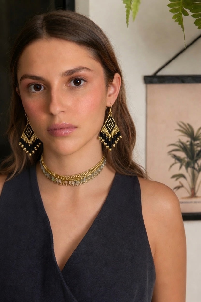 Pendientes miyuki rombo dorados y negro