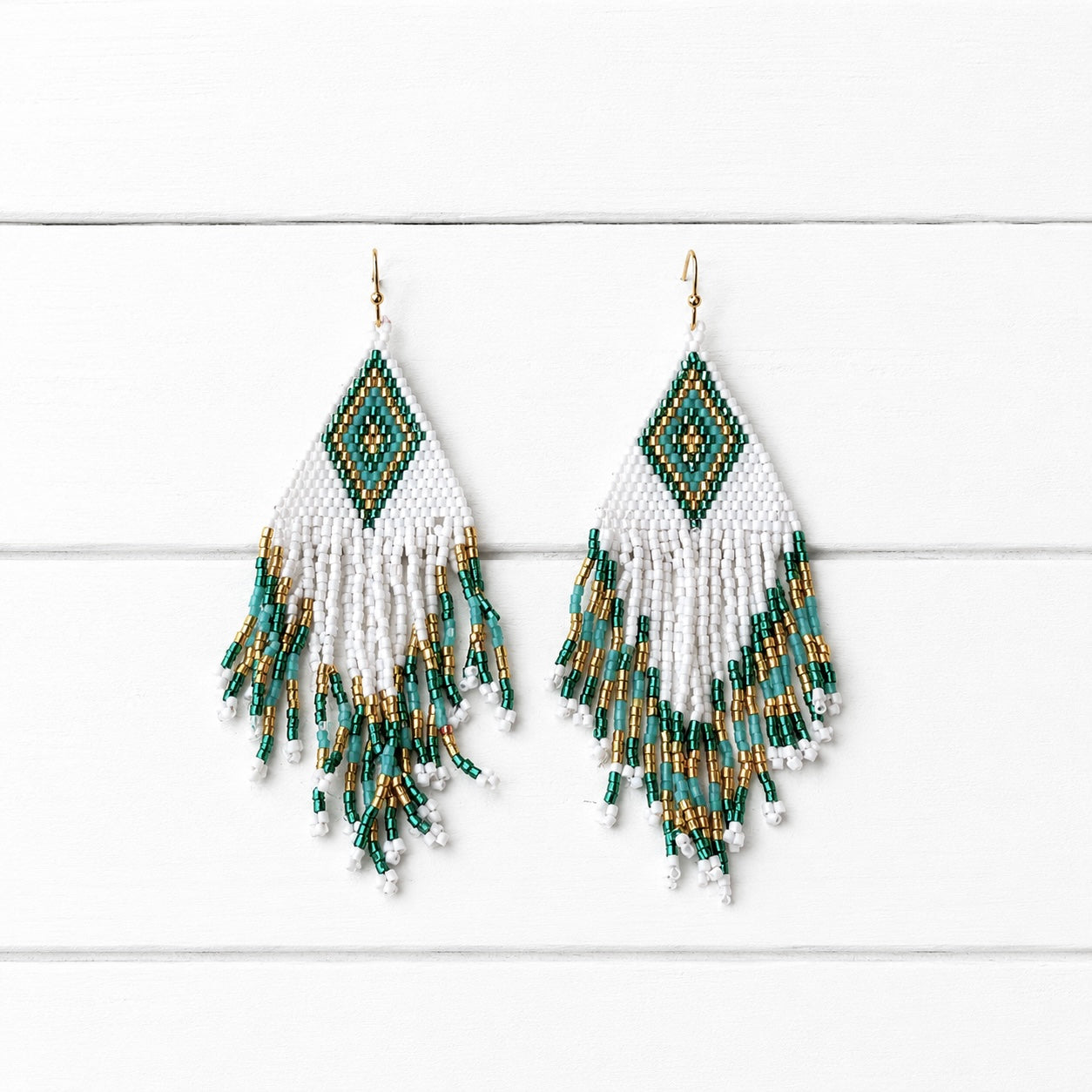 Pendientes miyuki rombo blanco y verde