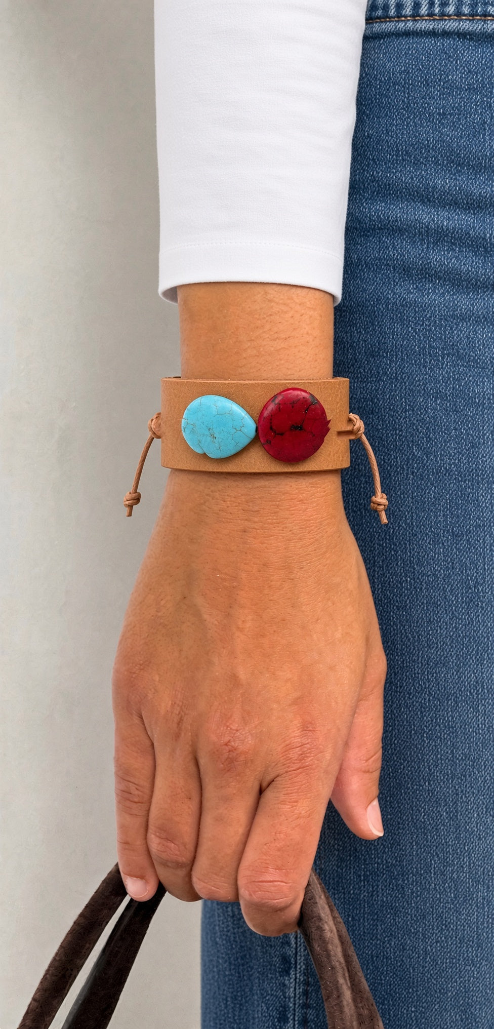 Pulsera cuero ancha roja/turquesa