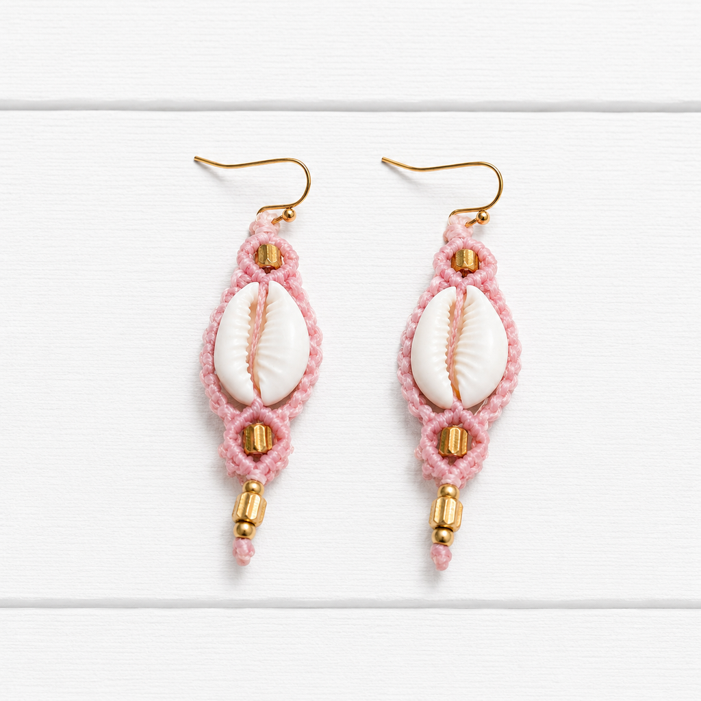 Pendientes macramé concha rosa