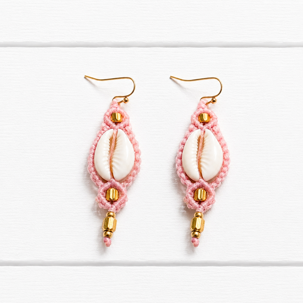 Pendientes macramé concha rosa