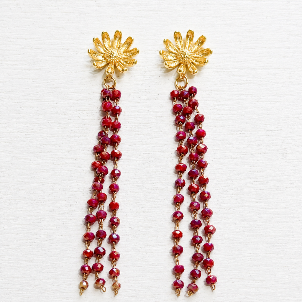 Pendientes flor cadenas rojo guinda