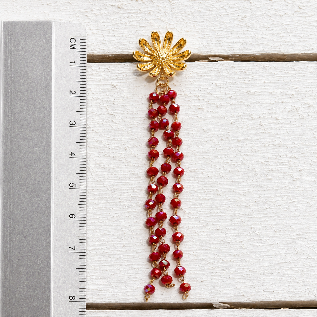 Pendientes flor cadenas rojo guinda