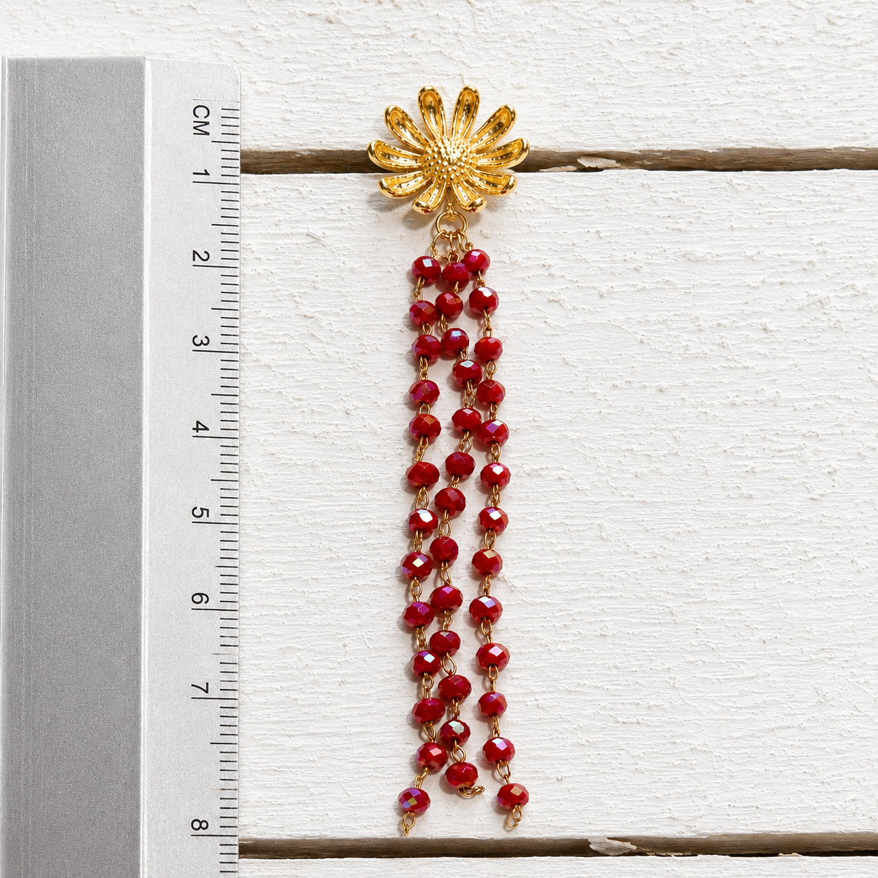 Pendientes flor cadenas rojo guinda