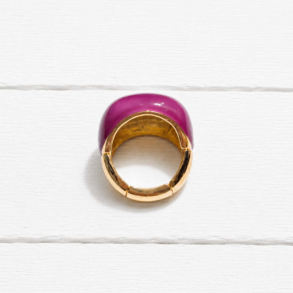 Anillo elástico plano dorado esmalte berenjena metal