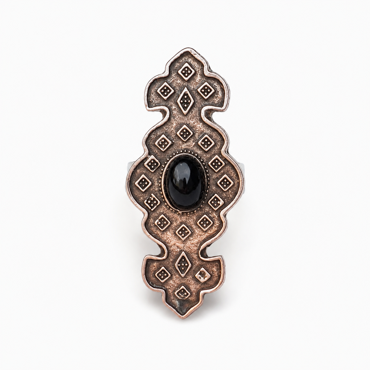 Anillo zamak plateado tribal piedra negra