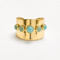 Anillo acero dorado baño oro cinco piedras ancho amazonita