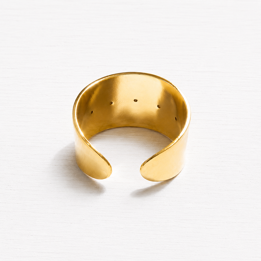 Anillo acero dorado baño oro cinco piedras ancho amazonita