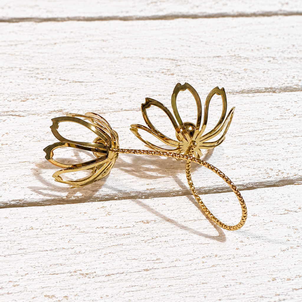 Anillo acero dorado doble flor
